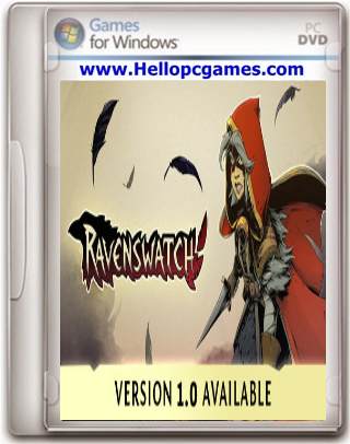 A PC DVD case for the game “Ravenswatch” with the website "www.Hellopcgames.com" at the top. The cover art features an illustrated character in a red hooded cloak, with feathers and the game's logo. Text at the bottom reads, “VERSION 1.0 AVAILABLE.”.