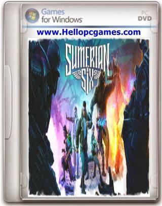 Cover of a PC DVD game titled "Sumerian Sky." The image features various characters, both human and humanoid, in dynamic action poses against a colorful, cosmic background. The website "www.Hellopcgames.com" is displayed on the top of the cover. Unravel the mystery with the Sumerian Six!