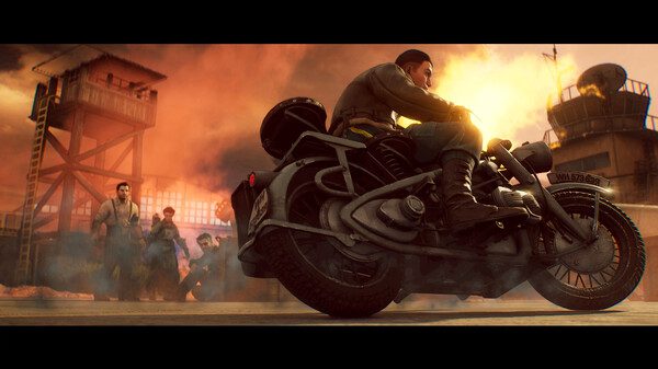 A person on a motorcycle speeds away from a group of people standing near a wooden guard tower. The scene is filled with dramatic lighting and smoke, suggesting urgency and action. The motorcyclist appears determined, while the distant figures seem concerned, almost as if they have just encountered the Sumerian Six.