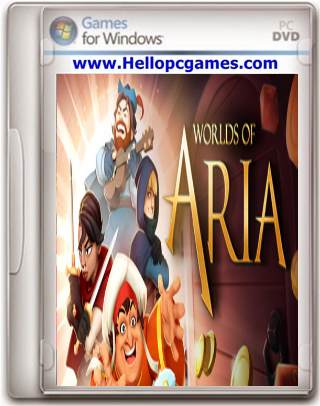 A DVD case for a PC game titled "Worlds of Aria." The cover features various animated characters, including a knight, an archer, and a wizard. The "Games for Windows" and "PC DVD" logos are displayed at the top, with a website URL above the game title.