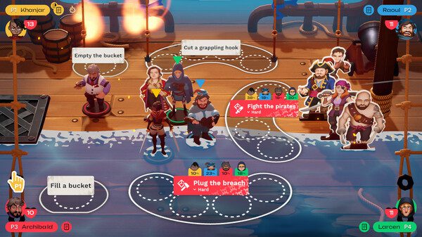 A colorful, cartoon-style pirate game screenshot features four players working together to complete various tasks on a ship. Tasks include fighting pirates, cutting a grappling hook, plugging a breach, and emptying or filling a bucket, all while surrounded by pirate characters.