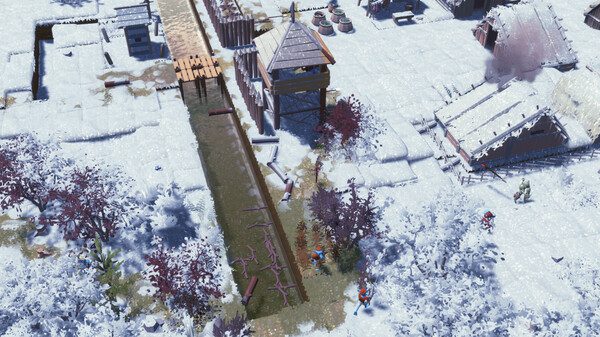 A snowy village scene with wooden structures and a watchtower. The ground is covered in snow, and there are scattered trees with reddish foliage. Small figures, possibly people, are visible on the paths between the buildings.