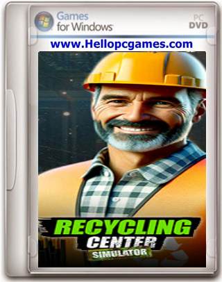 A PC game case titled "Recycling Center Simulator" features an illustration of a smiling man in a plaid shirt and hard hat. At the top, a website URL promises more about this engaging simulation experience.