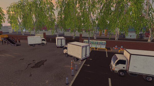 A parking area with several white delivery trucks, surrounded by trees, resembles a scene from a Recycling Center Simulator. The ground is cracked in places. A brick wall runs along the background, with barriers and vending machines visible. People are in the distance near a playground slide.