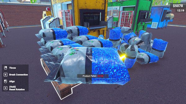 Amidst a cluttered scene in the Recycling Center Simulator, blue bags labeled "Product Pallet" are scattered, with control options to the left. The backdrop features colorful machines and a brick wall, while your virtual currency stands at $5078.