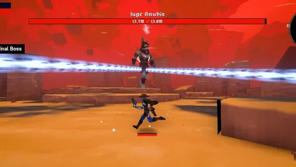 A video game scene featuring a character in blue and black combat attire running towards a large, menacing creature with glowing eyes. The creature is labeled as "Judge Ambis" and has health bars indicating 12.7/12.8. The background is a fiery red environment with rocky terrain. The player's health bar is visible at the top left corner.