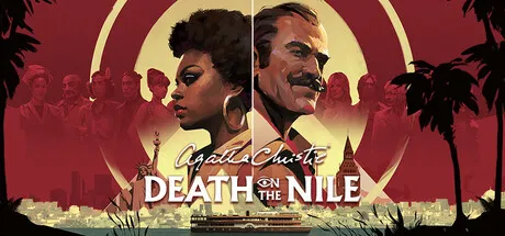 A mysterious and suspenseful scene with a man and woman in the foreground, set against a backdrop of palm trees and a cityscape. The man has a mustache and is dressed in a suit, while the woman has large hoop earrings and an afro hairstyle. A group of people can be seen in the background, along with a ship on the Nile River. The title "Death on the Nile" by Agatha Christie is prominently displayed at the bottom.