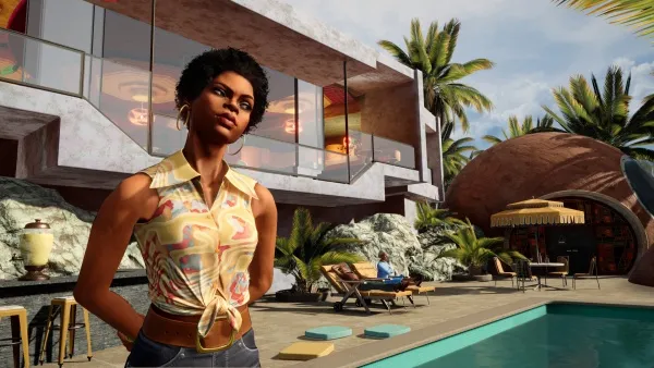 A woman in a colorful floral dress stands confidently by a luxurious poolside, with a modern house and tropical palm trees in the background. The scene is set on a sunny day with clear blue skies, featuring lounge chairs, umbrellas, and a serene atmosphere.