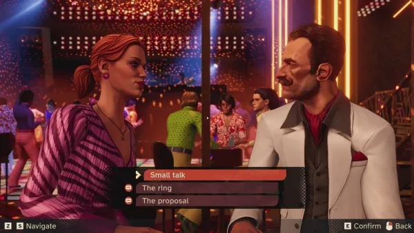 A man and a woman are engaged in conversation at a lively nightclub. The man is dressed in a white suit with a red shirt, while the woman wears a purple striped dress. They appear to be discussing something important as they stand close together amidst a crowd of people enjoying the vibrant atmosphere. The scene includes colorful lights and various patrons in the background.