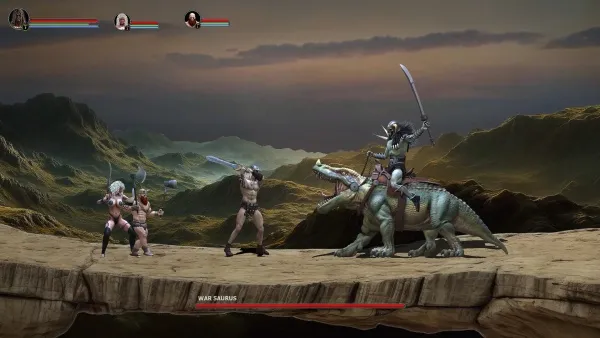 A group of warriors, including a knight on a dinosaur-like creature, are engaged in battle against each other. The scene is set in a prehistoric landscape with mountains and a sunset sky. The characters have various weapons such as swords and spears. There are health bars at the top indicating their vitality.