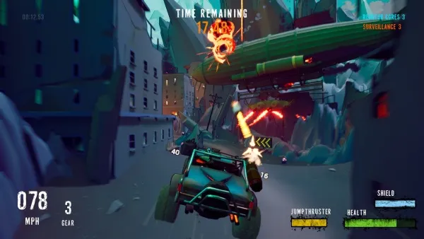 A futuristic racing game scene with a car driving through a cityscape, featuring neon lights and flying vehicles. The player's speed is indicated as 78 MPH, and the gear is set to 3. There are various in-game elements such as time remaining, health, shield status, and surveillance levels displayed on the screen. The environment includes buildings, debris, and an airship-like vehicle with flames.