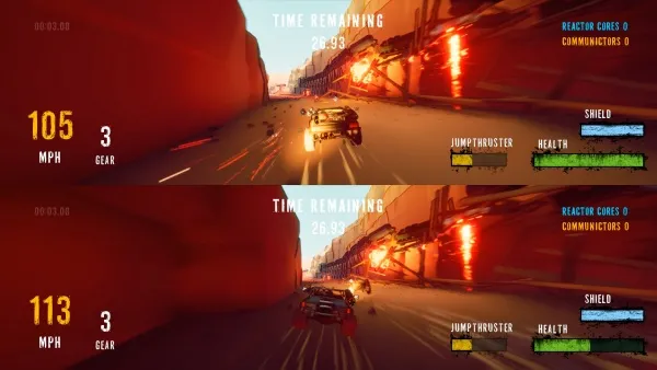 A high-speed racing game scene with a car driving through a canyon at 105 MPH and then accelerating to 113 MPH. The game interface displays speed, gear, shield, health, jump thruster, reactor cores, and communicators status. The time remaining is shown as 26:93 in both images. The background features a red sky and a cityscape with buildings on fire.