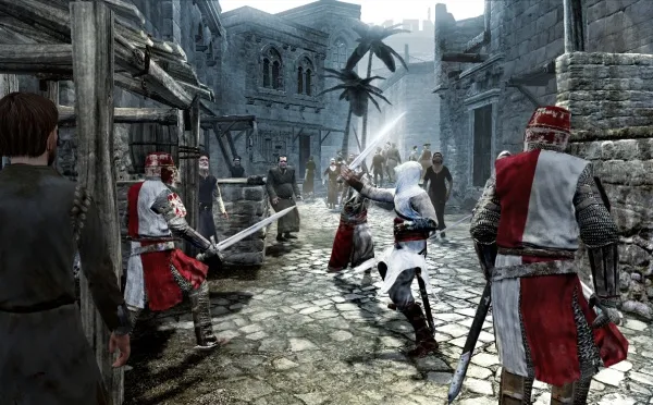 medieval city street, knights in armor engaged in a sword fight, stone buildings with arched windows and doors, cobblestone pavement, palm trees, onlookers watching the battle, dynamic action scene, dramatic lighting, historical setting. 