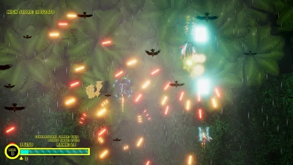 A screenshot from a video game featuring a top-down view of a lush, green jungle environment with various birds and glowing red and yellow energy beams. The player's score is displayed at the top left corner, and there are health and rank indicators at the bottom. The scene suggests an action-packed moment in the game.