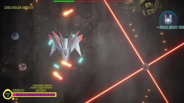 A futuristic spaceship flying through a dark, asteroid-filled space environment. The ship is equipped with glowing blue thrusters and has a sleek, angular design. Bright orange laser beams are shooting from the ship's weapons, targeting unseen enemies. The background features a large planet or moon partially visible in the distance. Various game interface elements such as health bars, score, and power-ups are displayed around the screen. The scene conveys an intense action-packed moment in a sci-fi shooter video game.