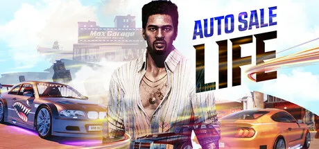 A man in a white shirt with an open collar and gold chains stands confidently between two luxury cars, one black and the other orange. The background features a cityscape with buildings, including a Max Garage sign, and a jet flying overhead. The text "AUTO SALE LIFE" is prominently displayed in bold blue letters.