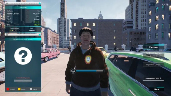 A video game character in a cityscape, wearing a brown hoodie with a rainbow badge and blue jeans. The character is standing on a sidewalk next to parked cars, including a green one. The background features tall buildings under a clear sky. The player's health bar is visible at the top right corner of the screen. A menu overlay shows options like "Purchase" and "Back," along with various statistics such as currency and experience points.