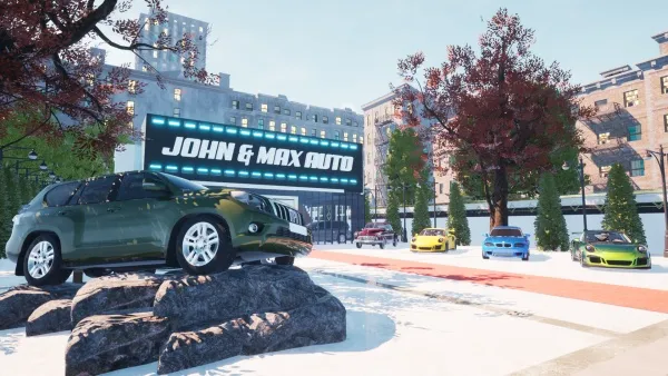 A snowy urban scene with a green SUV on rocks in front of a car dealership named "John & Max Auto." The dealership has a large sign and is surrounded by trees, other cars parked outside, and buildings in the background. The sky is clear and blue.