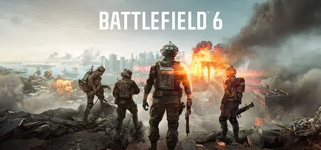 "Battlefield 6 promotional poster, featuring soldiers in combat gear with weapons, standing on a rocky outcrop overlooking a cityscape engulfed in flames and explosions. The scene is set against a backdrop of a war-torn urban environment with smoke rising from various points, conveying chaos and destruction."