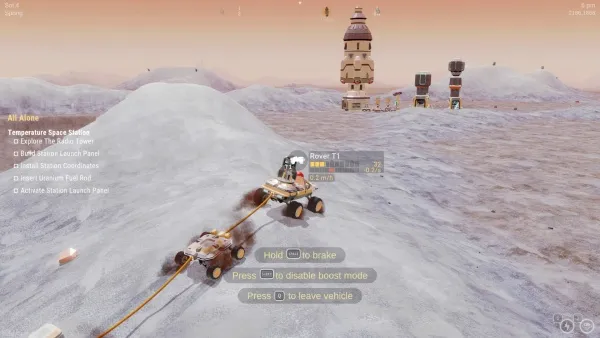 A futuristic racing game scene with a vehicle on a snowy terrain, featuring a tower in the background and various control options displayed. The vehicle is equipped with boost mode and has a brake function. The environment includes a large mound of snow and a distant structure resembling a space station or observatory.