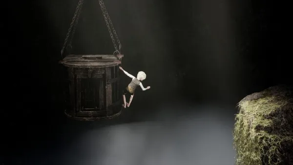 A small, white-haired figure in a brown dress is hanging from a wooden barrel suspended by chains. The background is dark with beams of light shining down, and there's a pile of hay on the right side.