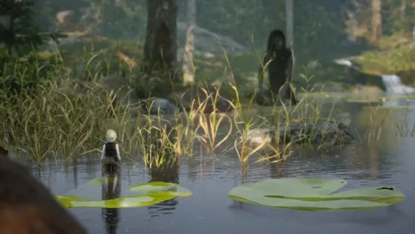 A serene and mystical forest scene with a small figure standing on a lily pad in the foreground, surrounded by tall grasses and trees. In the background, a larger figure stands near a waterfall, adding to the sense of mystery and wonder. The image is rich in detail and texture, with vibrant colors and soft lighting that create a dreamlike atmosphere.