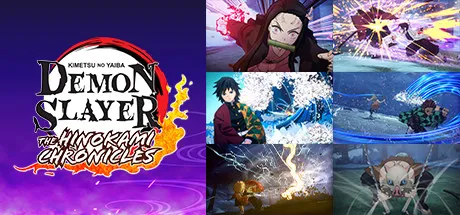 "Collage of 'Demon Slayer: Kimetsu no Yaiba' characters in action, with a dynamic background featuring flames and energy blasts. The title text is prominently displayed on the left side."
