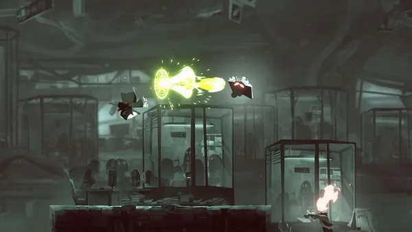 A dark, futuristic laboratory scene with a central explosion of light and energy. Two figures are engaged in combat amidst the chaos, one emitting a bright yellow beam from their hands. The environment is filled with glass-encased specimens or experiments, and the overall atmosphere is tense and dramatic.
