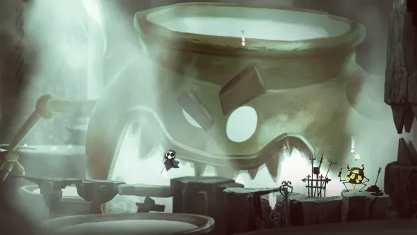 A whimsical scene with a large, ancient cauldron in the center, surrounded by mystical creatures and floating platforms. The atmosphere is foggy and ethereal, with soft lighting casting shadows on the rocky terrain. A small character stands near the cauldron, while another figure appears to be flying above it. The overall mood is enchanting and otherworldly.
