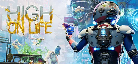 A futuristic cityscape with neon lights and flying vehicles. A robot character in the foreground holding a blue object, possibly a weapon or tool. The background features various characters engaged in different activities, including jumping and interacting with the environment. The title "High on Life" is prominently displayed in stylized text at the top left corner. The overall scene suggests an action-packed, sci-fi adventure game setting.