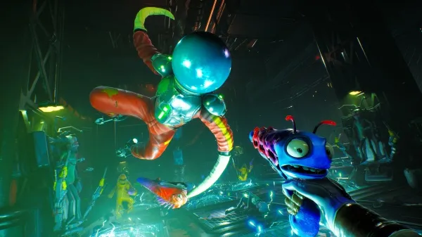 A futuristic scene with a large blue alien creature in the center, surrounded by smaller colorful aliens and robots. The setting is a dark, industrial environment with neon lights and metallic structures. The perspective is from a first-person shooter, holding a weapon aimed at the creatures. The image has a vibrant color palette with a mix of blues, greens, oranges, and purples.