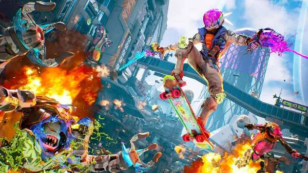 A futuristic cityscape with a skateboarder performing an aerial trick amidst explosions and flying debris. The scene is vibrant, featuring neon colors, advanced technology, and dynamic action. The skateboarder wears a colorful helmet and outfit, while the background includes towering buildings, bridges, and various mechanical elements. The atmosphere is intense and chaotic, with bright flames and energy blasts adding to the excitement.