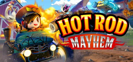 A cartoon character driving a hot rod car with flames and explosions in the background. The character is wearing a red helmet and goggles, and there are other vehicles and characters in the scene. The title "Hot Rod Mayhem" is prominently displayed in bold, stylized letters.