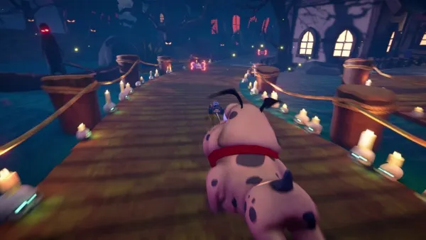 A whimsical scene featuring a playful Dalmatian dog with black spots and a red collar, running energetically on a wooden bridge. The setting is a mystical nighttime environment with glowing candles lining the path, leading towards an illuminated castle in the distance. The atmosphere is enchanting and slightly eerie, with a hint of adventure and magic.