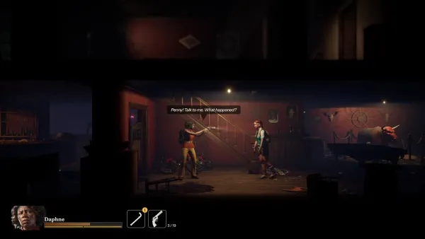 A dimly lit room with two characters engaged in a conversation. One character is holding a gun, and the other appears to be in distress. The setting includes rustic decor such as animal skulls on the wall, a wooden table, and various objects scattered around. The atmosphere is tense and suspenseful.