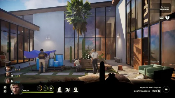 A first-person perspective of a video game scene set in a modern, sunlit house with large glass windows and doors. The player character is holding a gun, and there are other characters inside the house, including one near a blue tarp-covered object and another standing by a window. The environment features a patio area with a palm tree, cacti, and various pieces of furniture like chairs and tables. The time displayed on the screen is August 26, 1986, at Daytime. The bottom of the screen shows the player's health bar and other game interface elements.