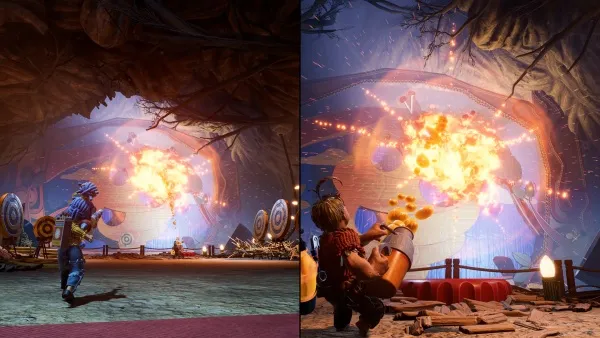 In a fantastical setting, two characters are engaged in an intense confrontation. One character is wielding a sword and shield, while the other is casting a powerful spell that ignites a dramatic explosion of flames and light. The scene takes place in a mystical cave with intricate rock formations and ancient symbols adorning the walls. The atmosphere is charged with energy as the characters prepare for battle amidst the vibrant colors and dynamic lighting effects.