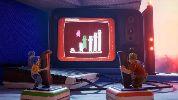 A retro gaming scene with two miniature figures playing a classic video game on an old television set. The characters are standing on colorful platforms, holding controllers and interacting with the game displayed on the screen. The background features a gradient of blue to orange hues, creating a nostalgic atmosphere.