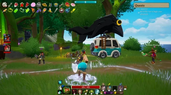 A fantasy game scene with a character in blue and white armor standing on grass, holding a shield. There are other characters around, including one with a spear and another with a bow. A large black bird is flying above a vehicle parked near the trees. The interface shows health bars, quest information, and various items at the top left corner. The environment includes lush greenery, a clear sky, and a body of water in the background.