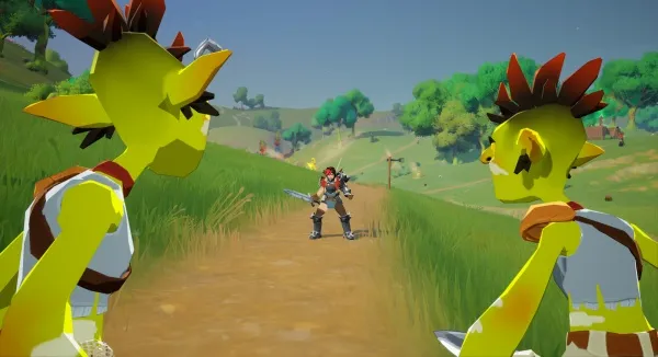 In a vibrant, cartoon-style world, two yellow creatures with red spikes on their heads and brown clothing stand on either side of a dirt path. They are observing a character in the center wearing blue armor and wielding a sword, set against a backdrop of rolling green hills, trees, and a clear sky. The scene is filled with bright colors and a whimsical atmosphere.