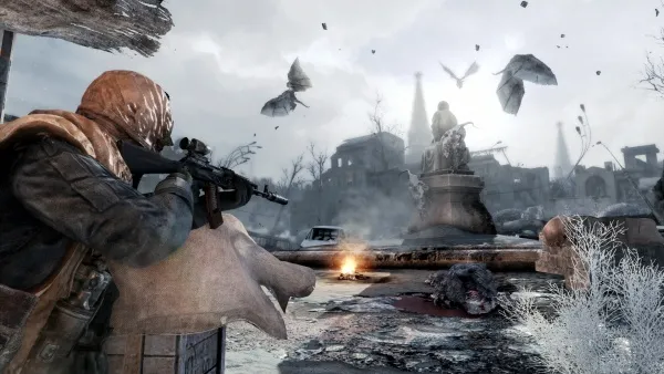 A post-apocalyptic scene with a soldier in camouflage gear aiming a rifle at an enemy, amidst the ruins of a city. The environment is desolate and overgrown with vegetation, featuring abandoned vehicles, crumbling buildings, and statues in the background. Birds are flying overhead, and there's a sense of tension and imminent danger.