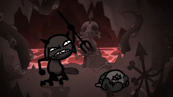 A dark, ominous scene with a black cat-like creature wielding a pitchfork. The background features skulls and bones, along with a glowing red lava pit. The overall atmosphere is eerie and foreboding.