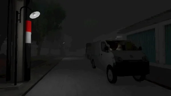 A misty night scene with a white van parked on the side of a dimly lit street. The van is positioned near a building with green shutters, and there's a red and white striped pole nearby. A solitary tree stands in the background, adding to the eerie atmosphere.