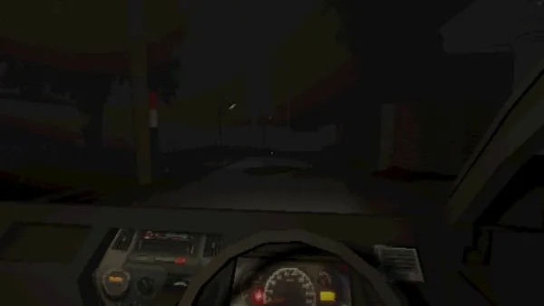 A nighttime cityscape with a car's dashboard visible, featuring a speedometer and various controls. The street is dimly lit by streetlights, and there are buildings on either side of the road. The scene has a dark and moody atmosphere.