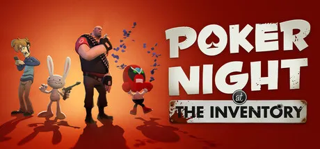 A group of animated characters, including a man with a beard and sunglasses, a rabbit, a small red creature, and a woman holding a drink. They are standing in front of the text "Poker Night at the Inventory" on a red background. The characters have unique features such as the man's tattoos, the rabbit's large ears, and the small red creature's wings. The scene suggests a fun and adventurous atmosphere.