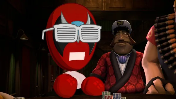 A red superhero character with white sunglasses and a blue mask is sitting at a table, wearing a red suit. There are stacks of poker chips in front of him. A man in a red jacket and black hat is standing behind the superhero, holding a gun. The background appears to be an indoor setting, possibly a bar or casino.