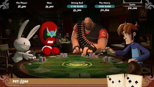 A group of animated characters are playing poker around a table. There is a white rabbit, a red robot with green eyes, a muscular man in black and red attire holding a gun, and a young boy with brown hair wearing blue clothes. The table has stacks of poker chips and two cards showing the 4 of clubs and the 5 of spades. The pot is $300. Each character has a name and amount displayed above them: "The Player" with $3,200, "Max" with $9,900, "Strong Bad" with a $100 blind and $3,700, "The Heavy" with a $200 blind and $11,800, and "Tycho" with $10,000. The background shows a dimly lit room with chairs and framed pictures on the wall.