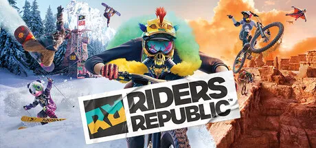 A dynamic and colorful scene featuring a motocross rider in mid-air, wearing a vibrant helmet with green and yellow accents. The background includes various action-packed sports activities such as snowboarding, skateboarding, and mountain biking. The title "Riders Republic" is prominently displayed in bold letters across the center of the image.