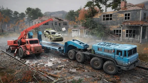 A red crane lifting a green car onto a blue flatbed truck in a post-apocalyptic setting, with abandoned buildings and debris scattered around. The scene is set on a muddy road with overgrown vegetation and a gloomy sky overhead.