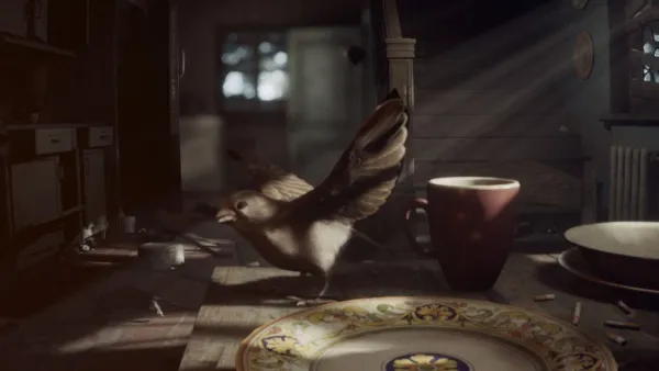 A small bird perched on a table, surrounded by various objects such as a cup, a plate, and some scattered items. The scene is set in a dimly lit room with sunlight streaming through the window, casting shadows and highlighting the textures of the objects. The bird appears to be looking around curiously, adding a sense of life and movement to the still life composition.
